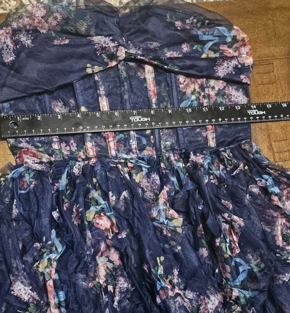 LULUS Stunning Element Navy Floral Mesh Ruffled Strapless Maxi Dress Size Small - Picture 10 of 13